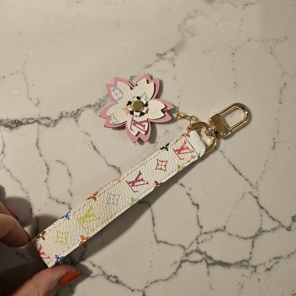 Lv Monogram Wrist Strap Keychain Cherry Blossom Charm